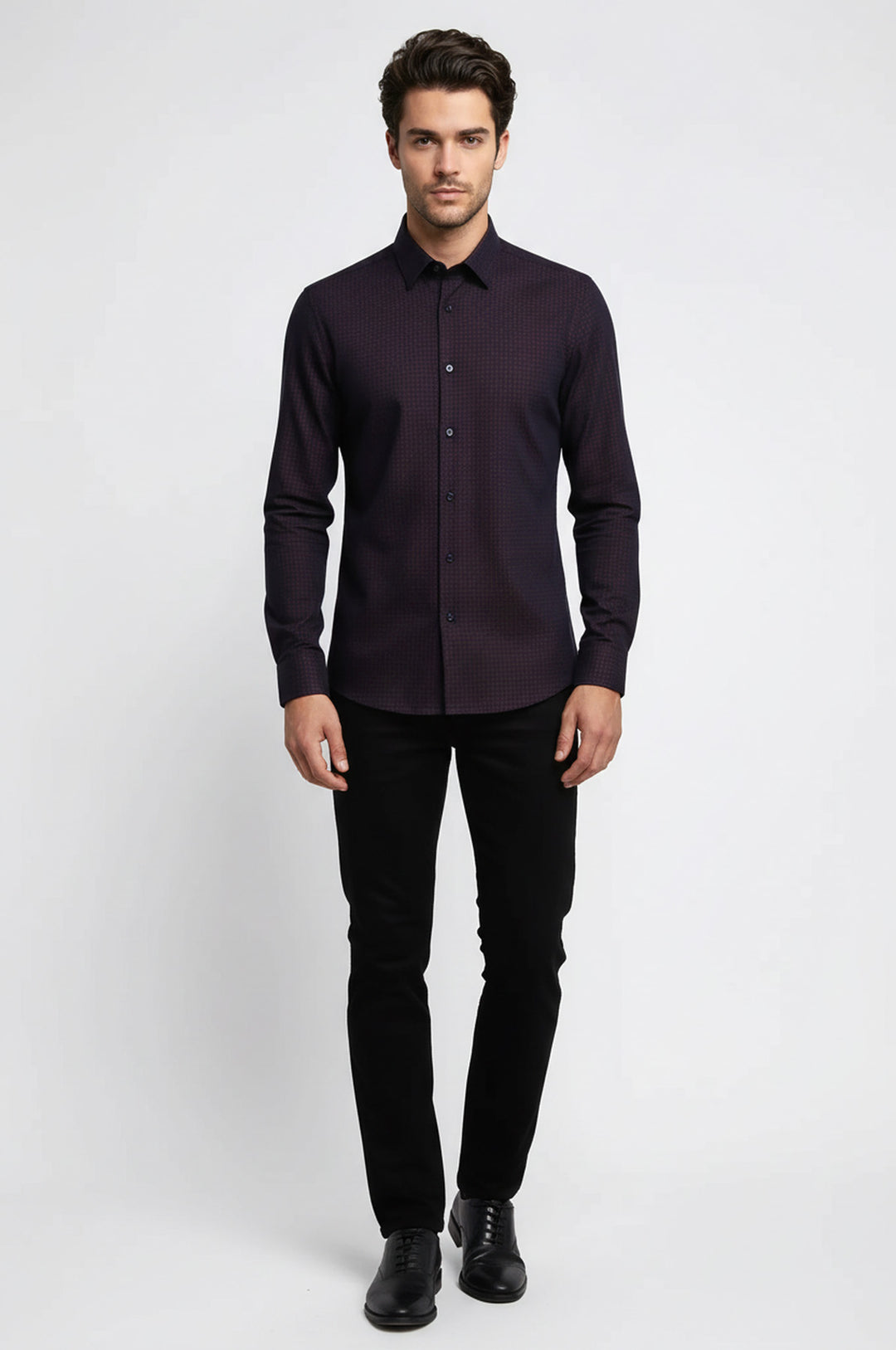 Kaz Ayağı Desenli Slim Fit Bordo Erkek Gömlek - Wessi