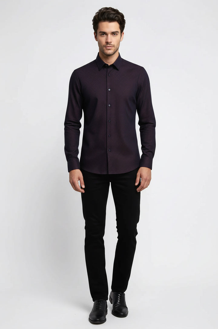 Kaz Ayağı Desenli Slim Fit Bordo Erkek Gömlek - Wessi