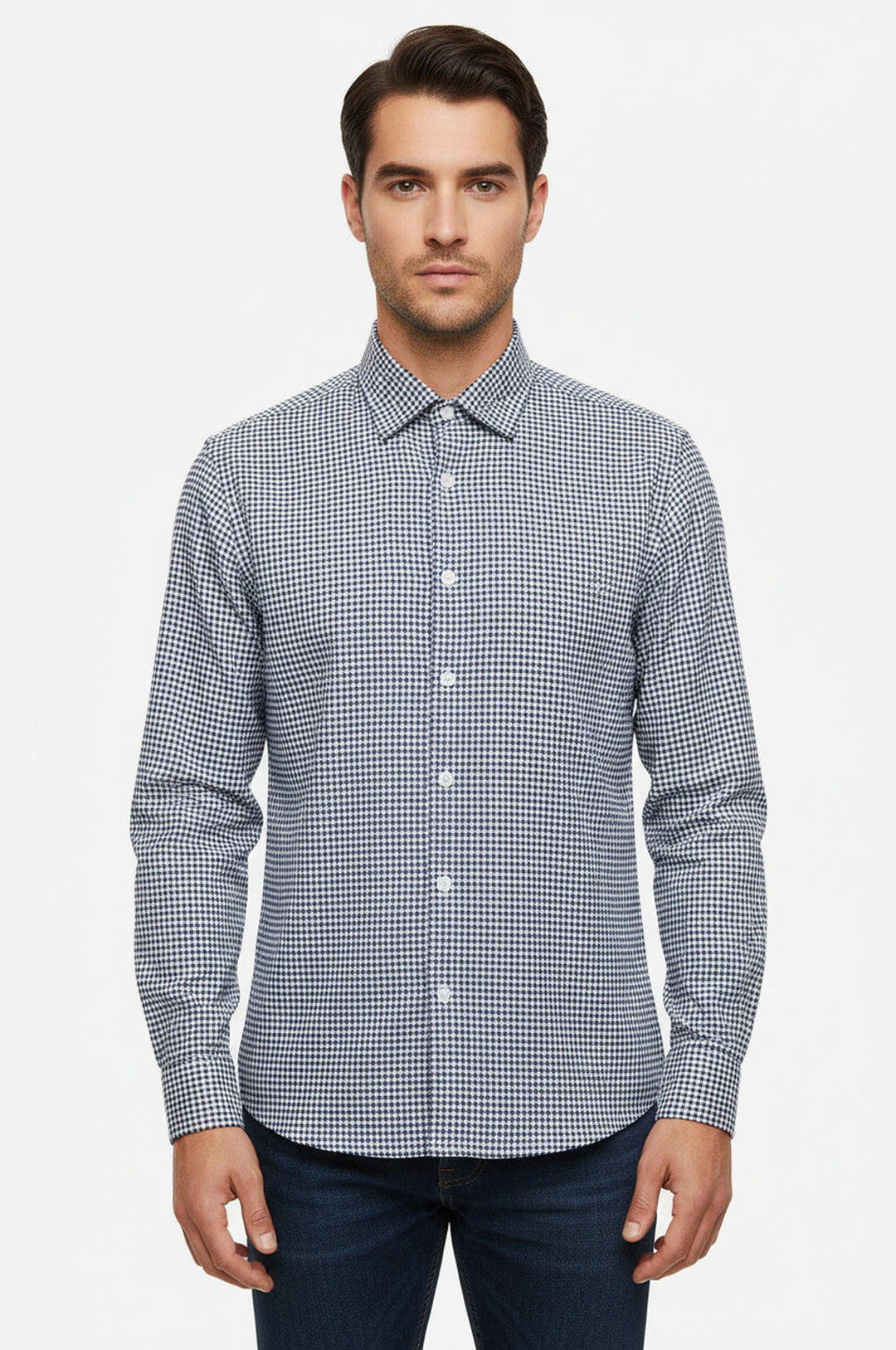 Lacivert Kaz Ayağı Desenli Gömlek - Wessi