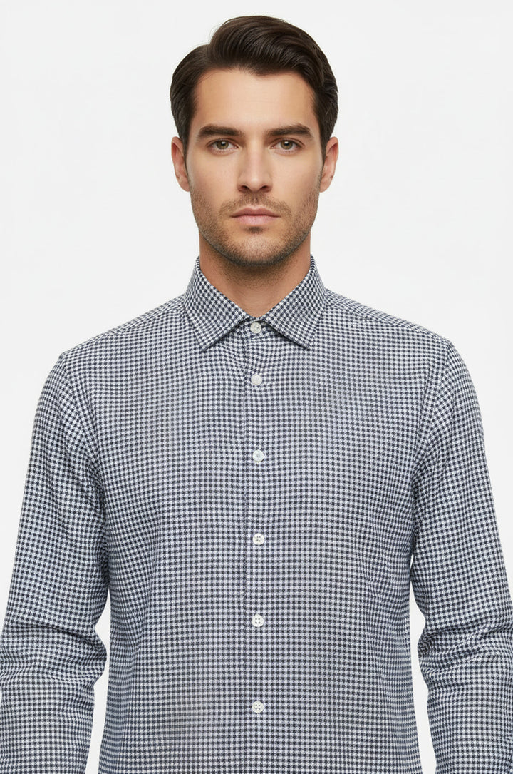 Lacivert Kaz Ayağı Desenli Gömlek - Wessi