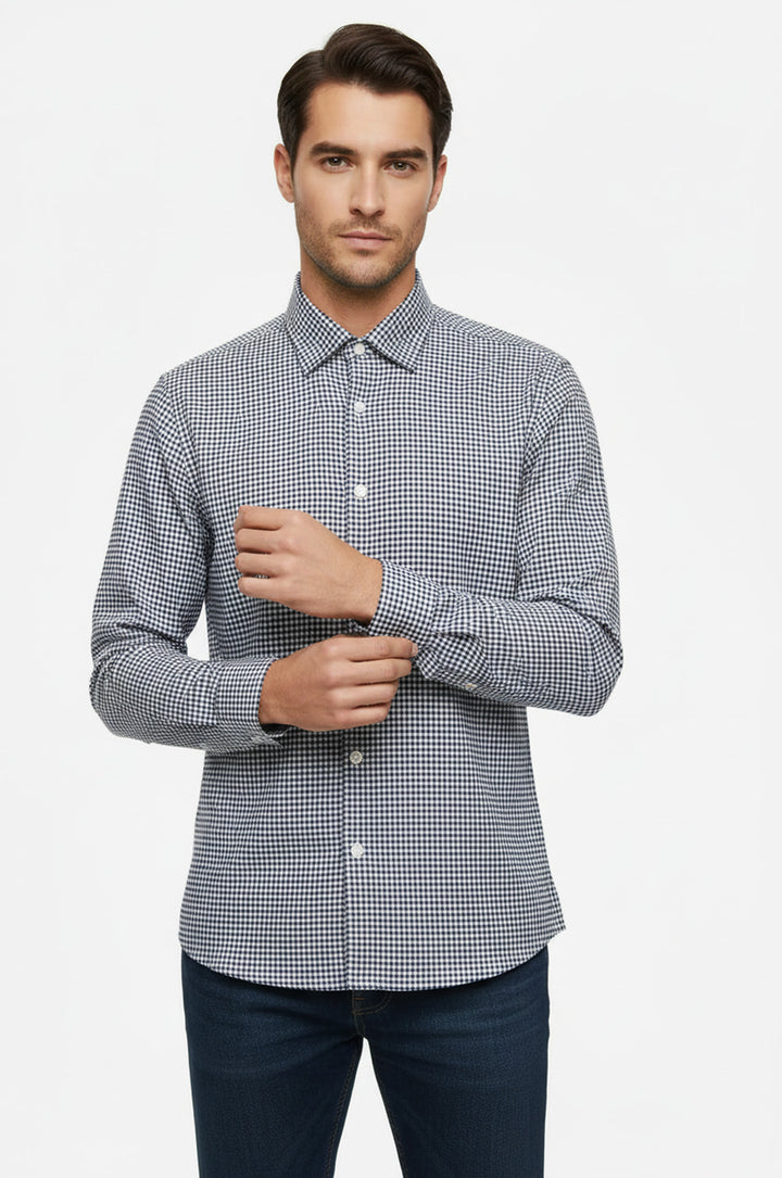 Lacivert Kaz Ayağı Desenli Gömlek - Wessi