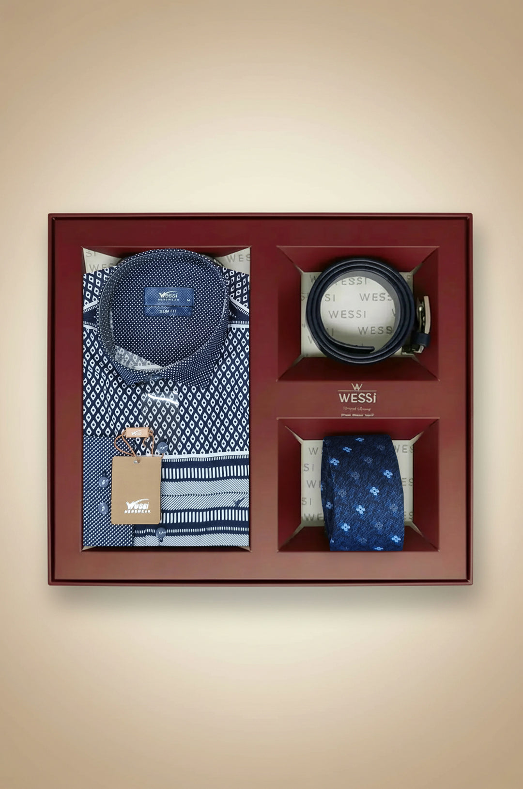 Lacivert Pano Desenli Gömlek & Kemer + Kravat Hediye Paketi - Wessi