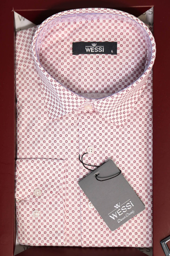 Wessi Erkek 3’lü Hediye Seti – Açık Bordo Mini Kare Desenli Gömlek + Bordo Kravat + Siyah Kemer