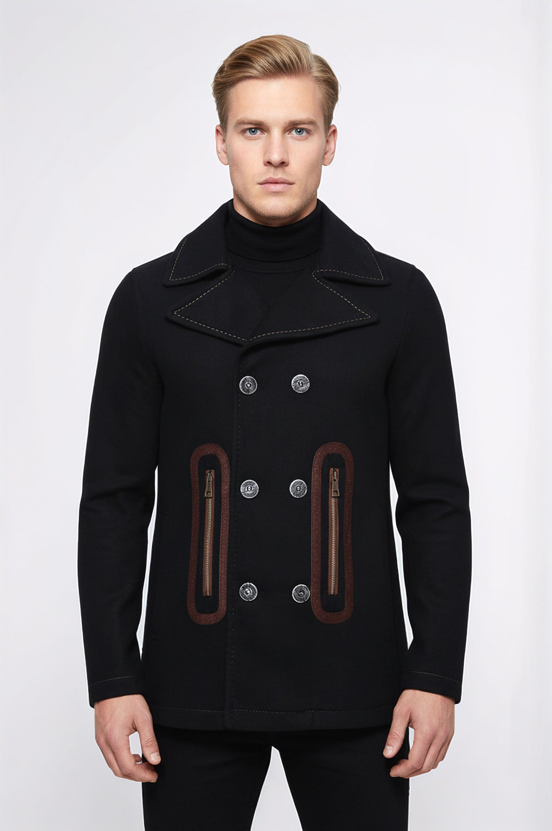 Cep Kenarı İşlemeli 6 Düğmeli Koyu Kahverengi Kaban - Wessi