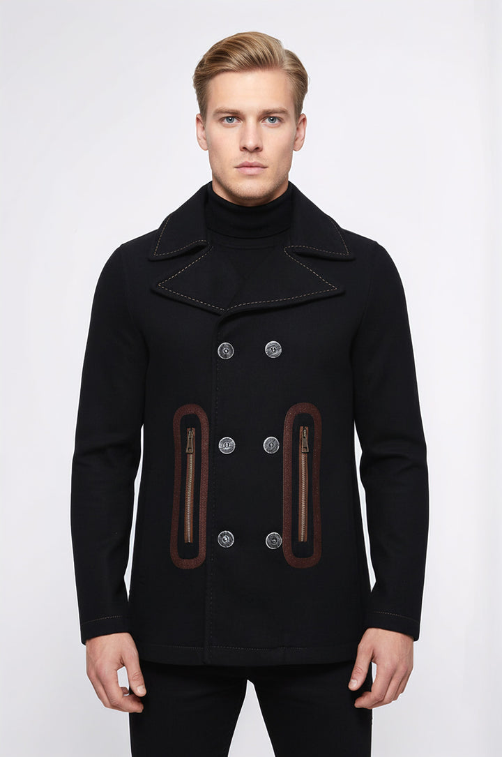 Cep Kenarı İşlemeli 6 Düğmeli Koyu Kahverengi Kaban - Wessi