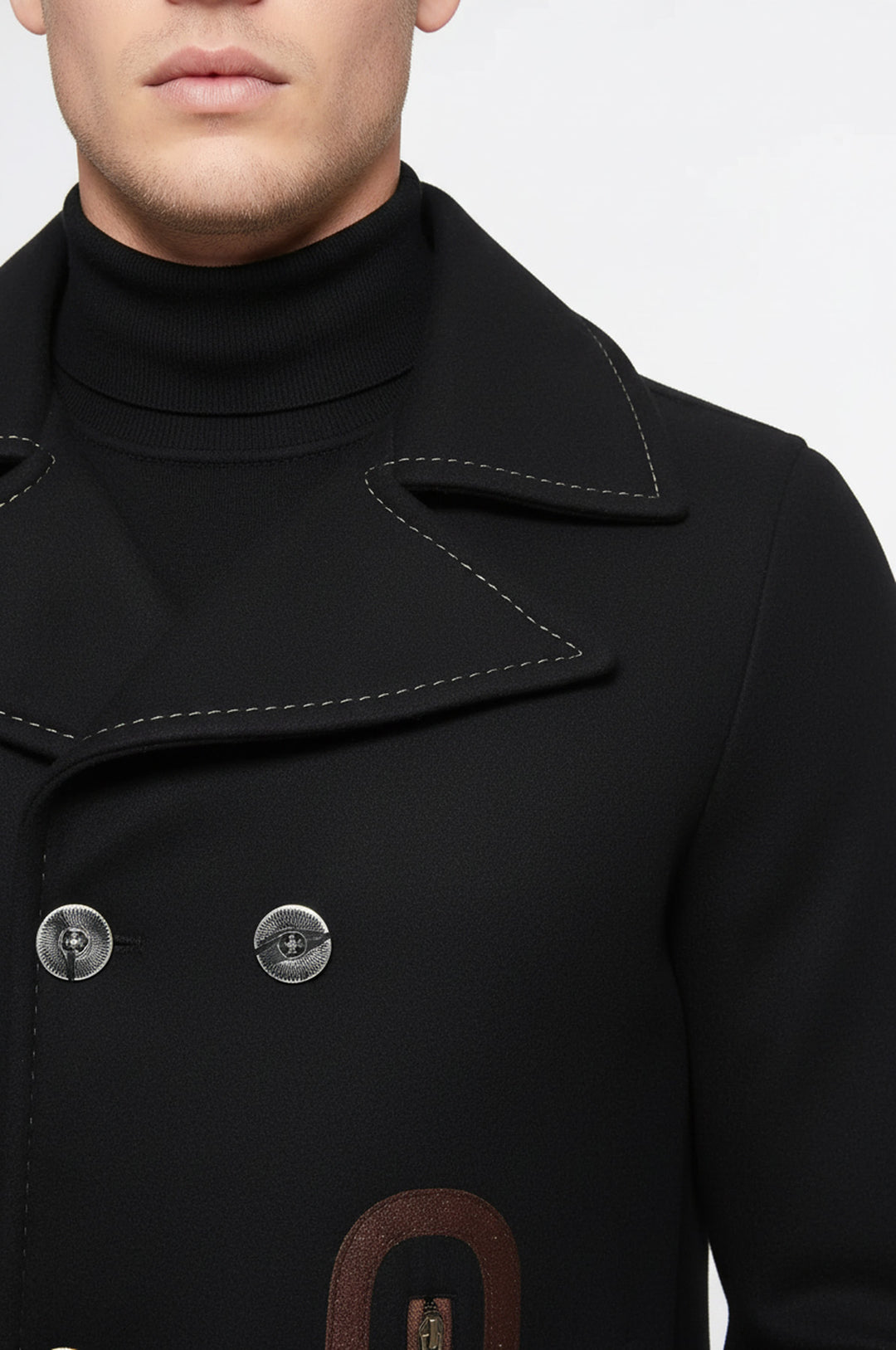 Cep Kenarı İşlemeli 6 Düğmeli Koyu Kahverengi Kaban - Wessi