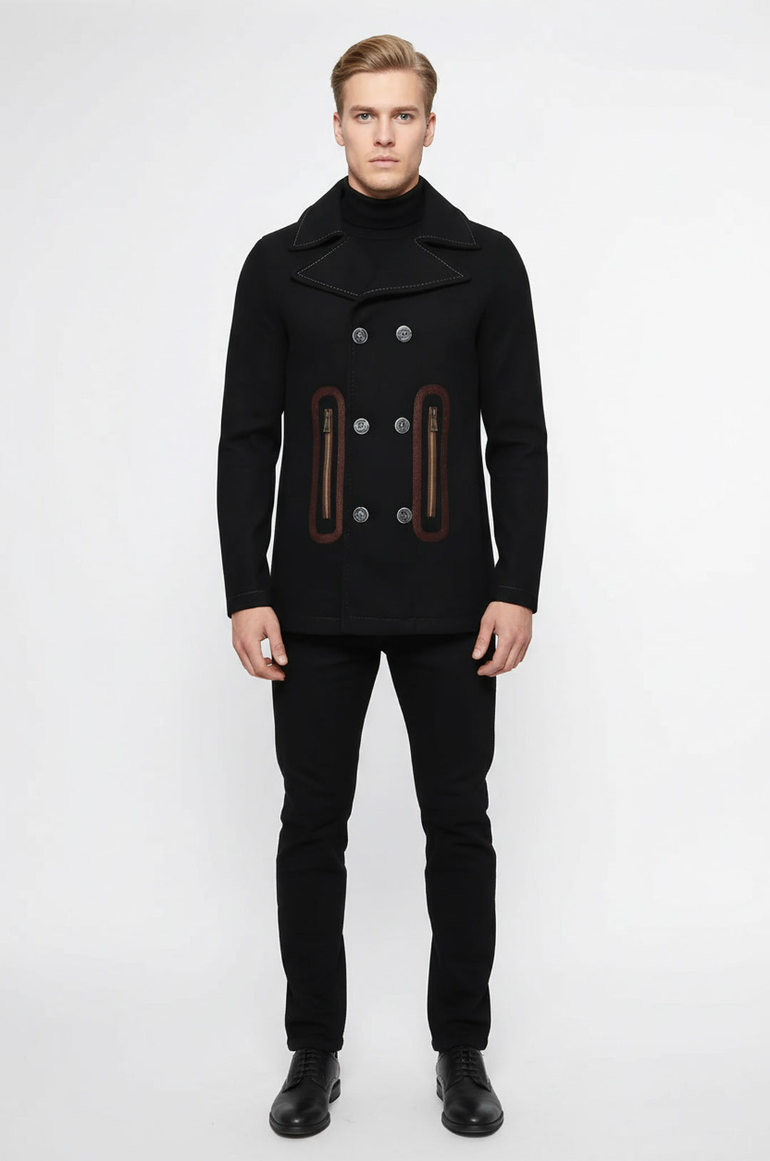 Cep Kenarı İşlemeli 6 Düğmeli Koyu Kahverengi Kaban - Wessi