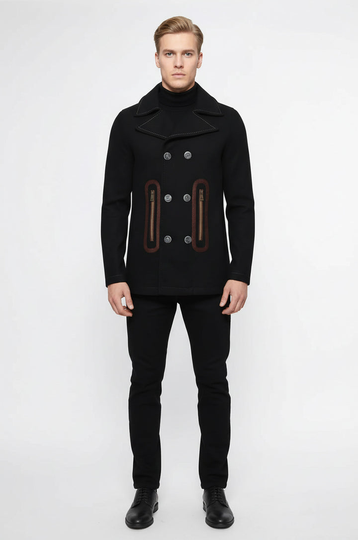 Cep Kenarı İşlemeli 6 Düğmeli Koyu Kahverengi Kaban - Wessi