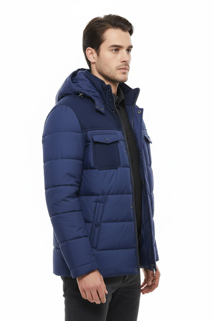 Kapşonlu Lacivert Şişme Kapitone Kaban - Wessi