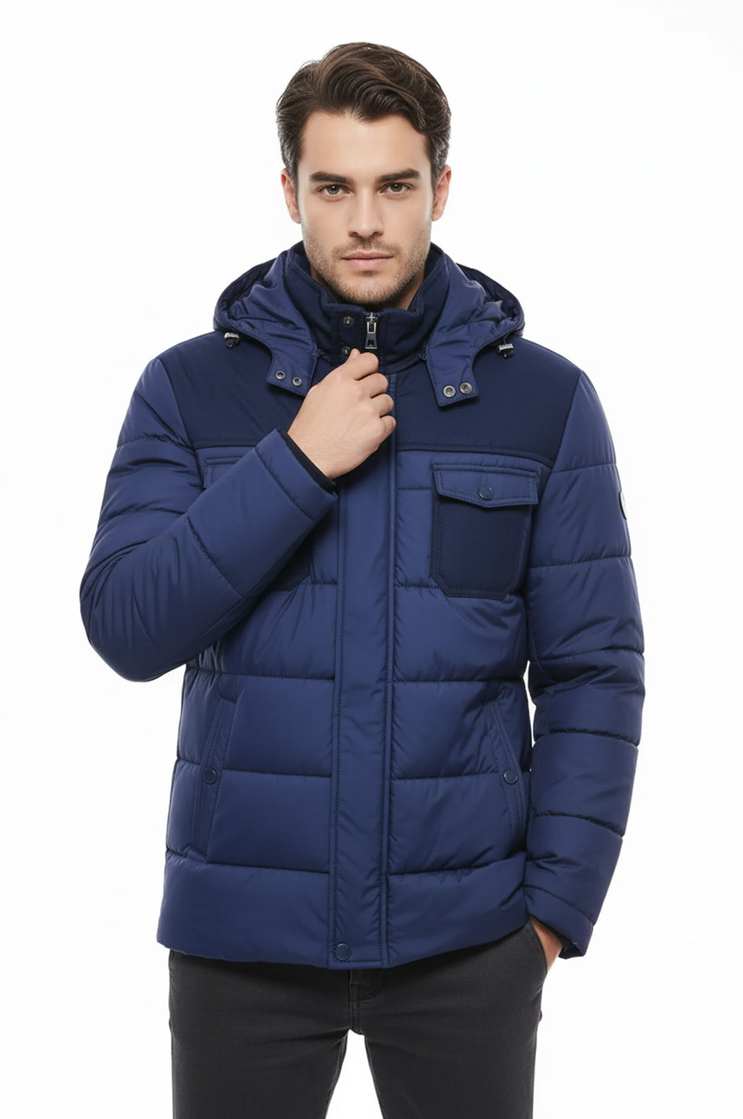 Kapşonlu Lacivert Şişme Kapitone Kaban - Wessi