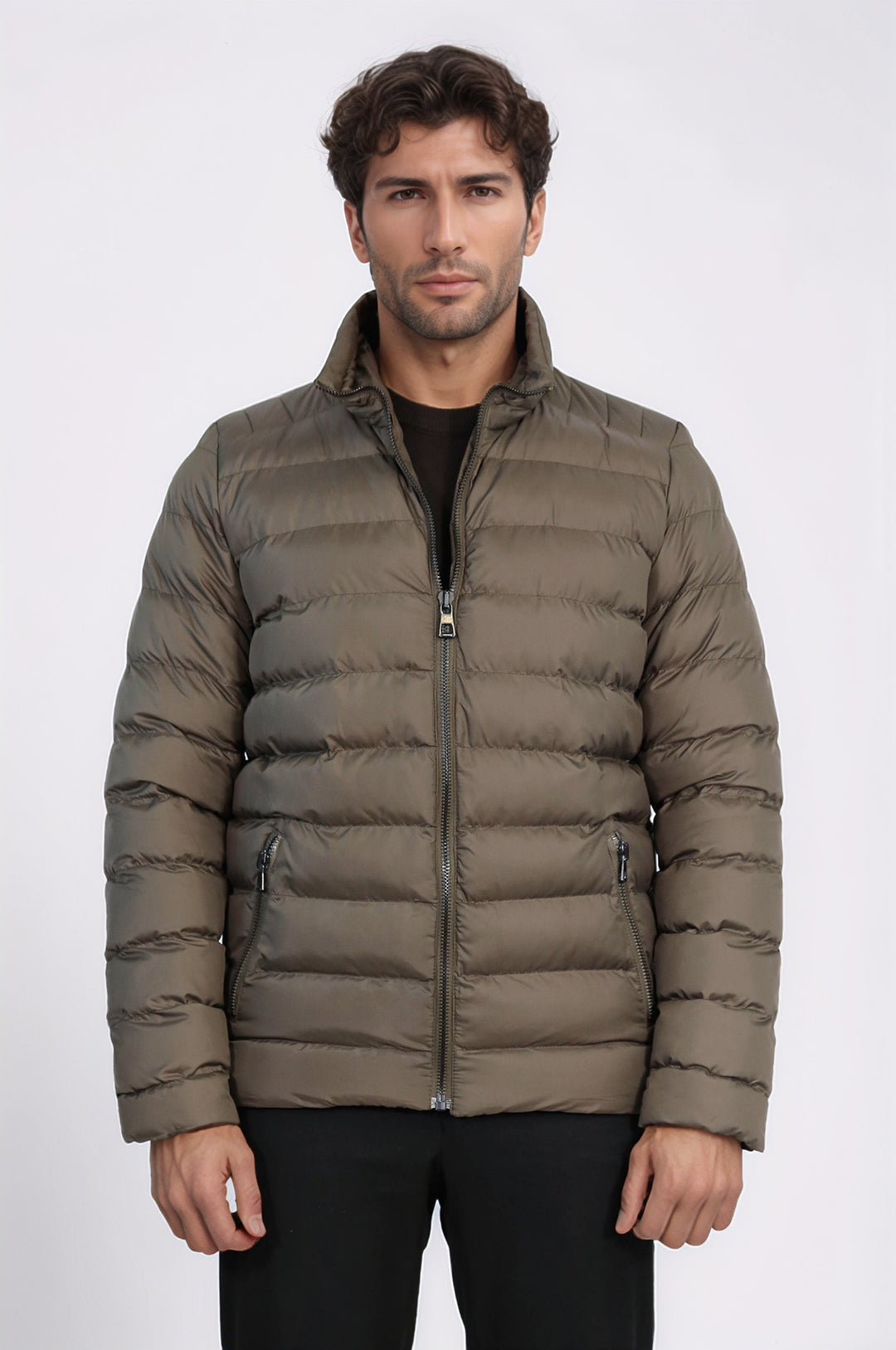 Kapitone Dik Yaka Cepli Kısa Haki Erkek Şişme Mont - Wessi