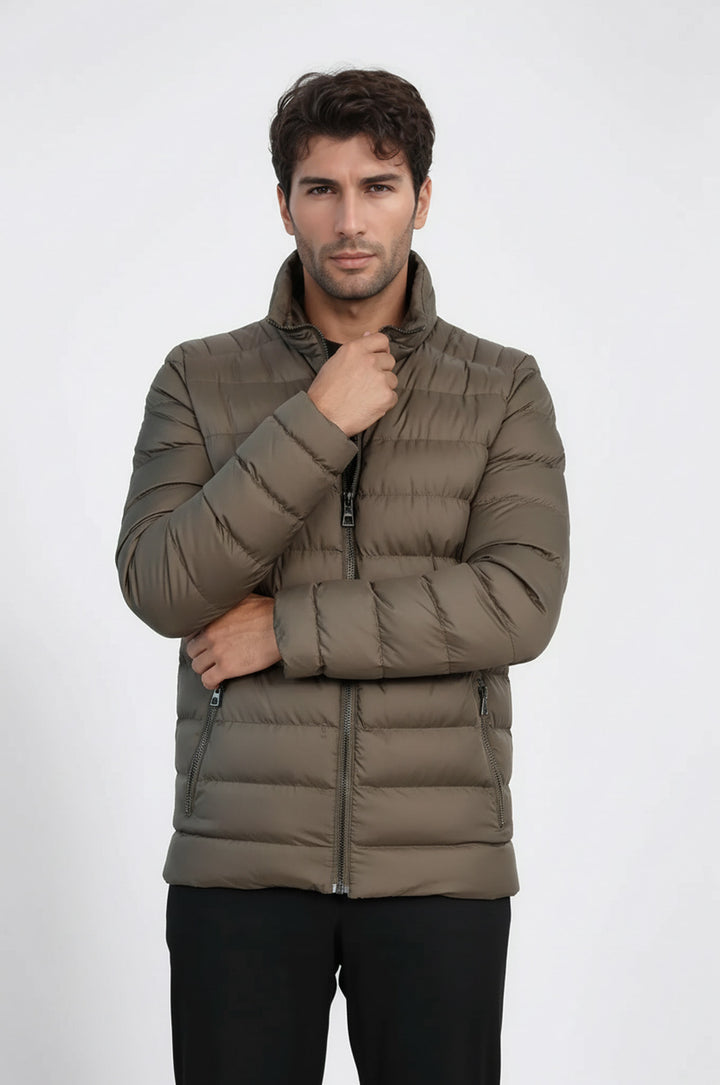 Kapitone Dik Yaka Cepli Kısa Haki Erkek Şişme Mont - Wessi