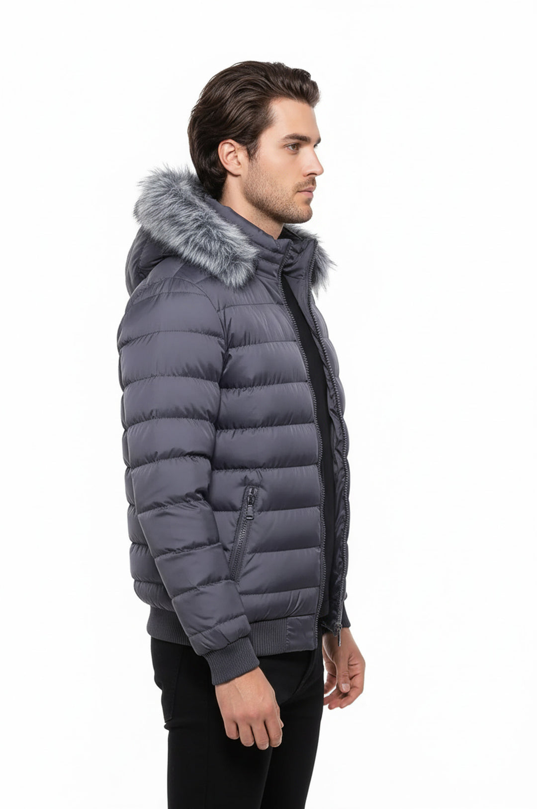 Kürklü Gri Erkek Şişme Mont - Wessi