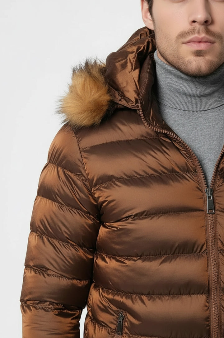 Taba Kapüşonlu Kürklü Erkek Şişme Mont | Wessi