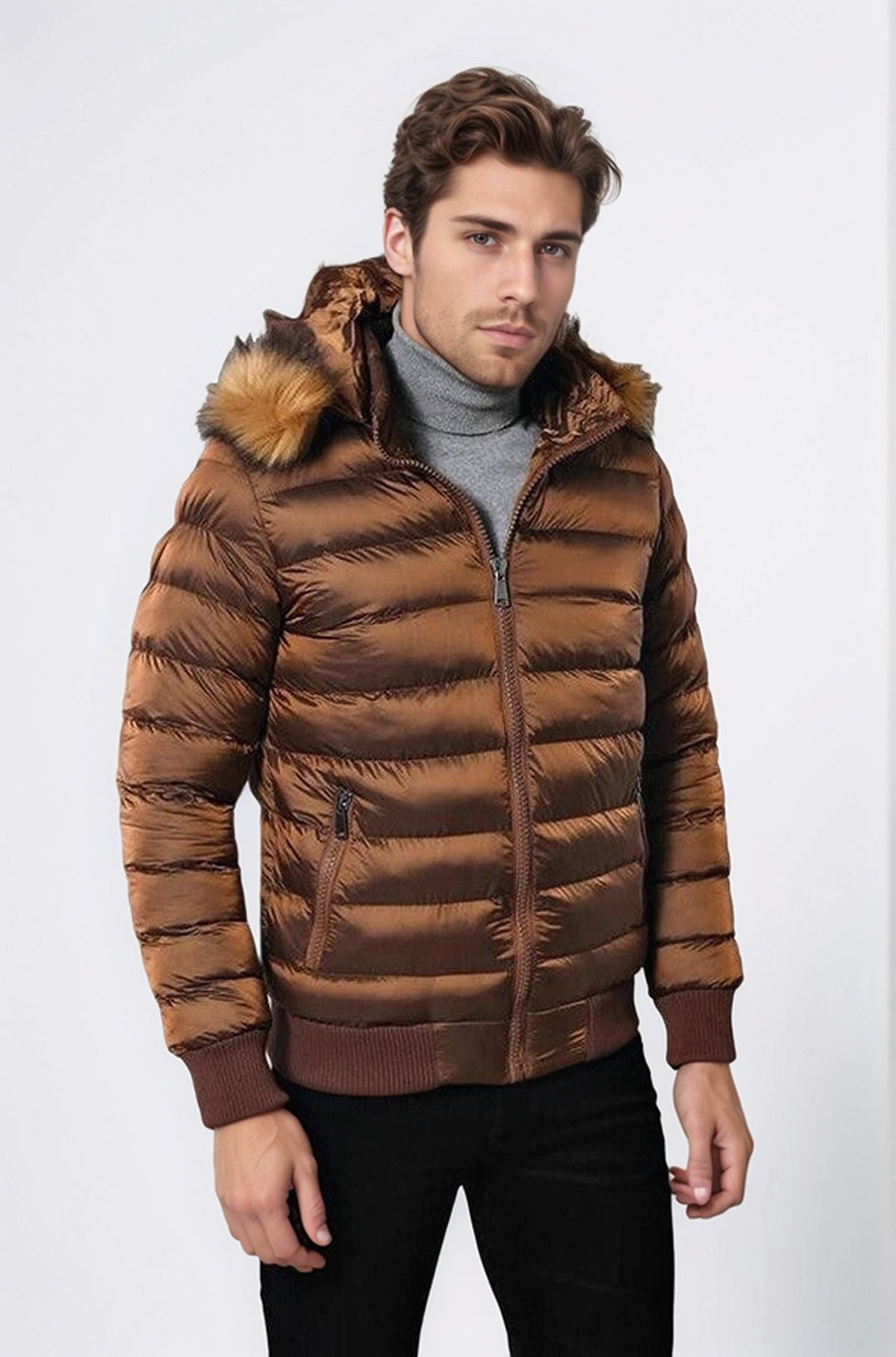 Taba Kapüşonlu Kürklü Erkek Şişme Mont | Wessi