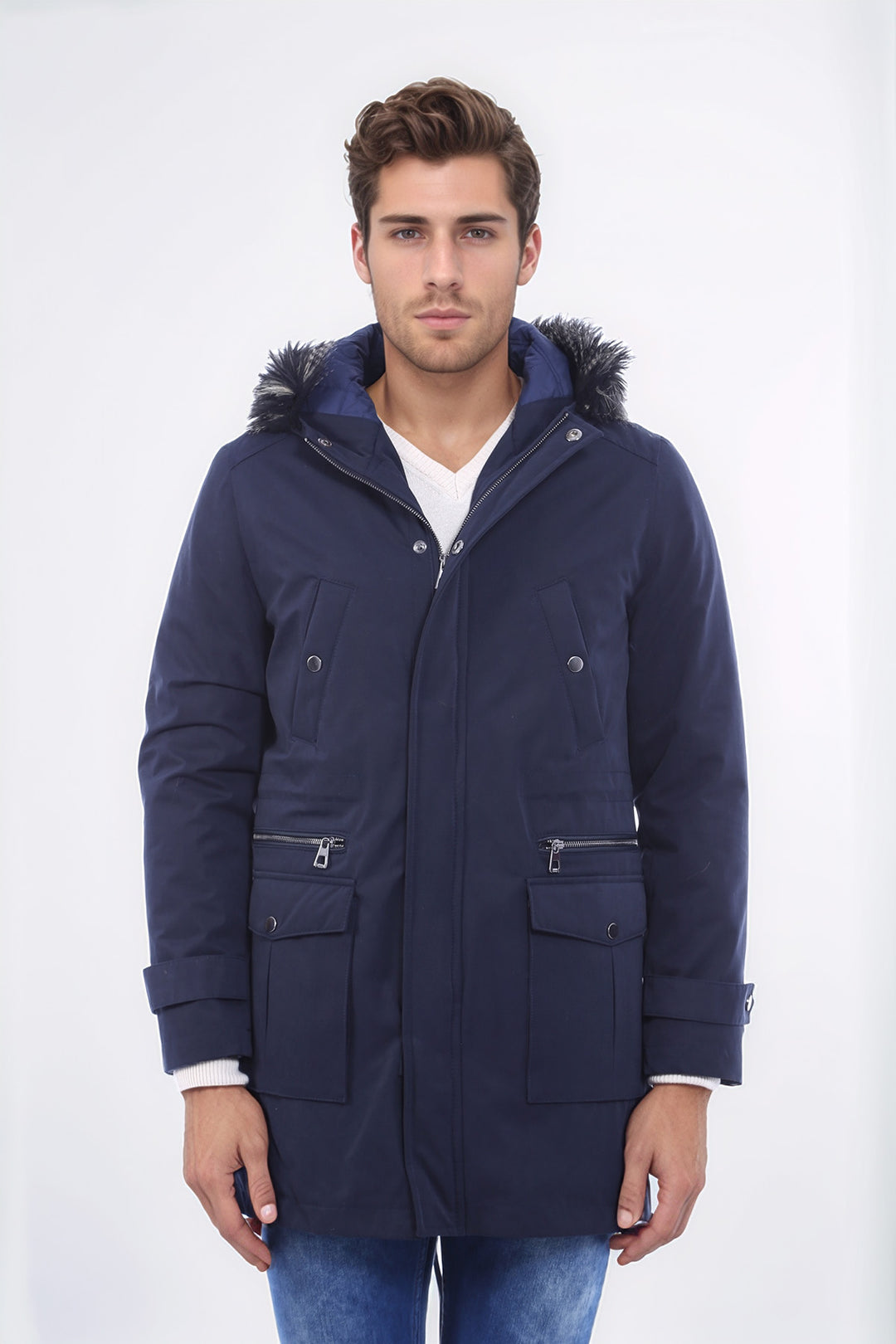 Yaka Kürklü Kapüşonlu Lacivert Erkek Mont - Wessi