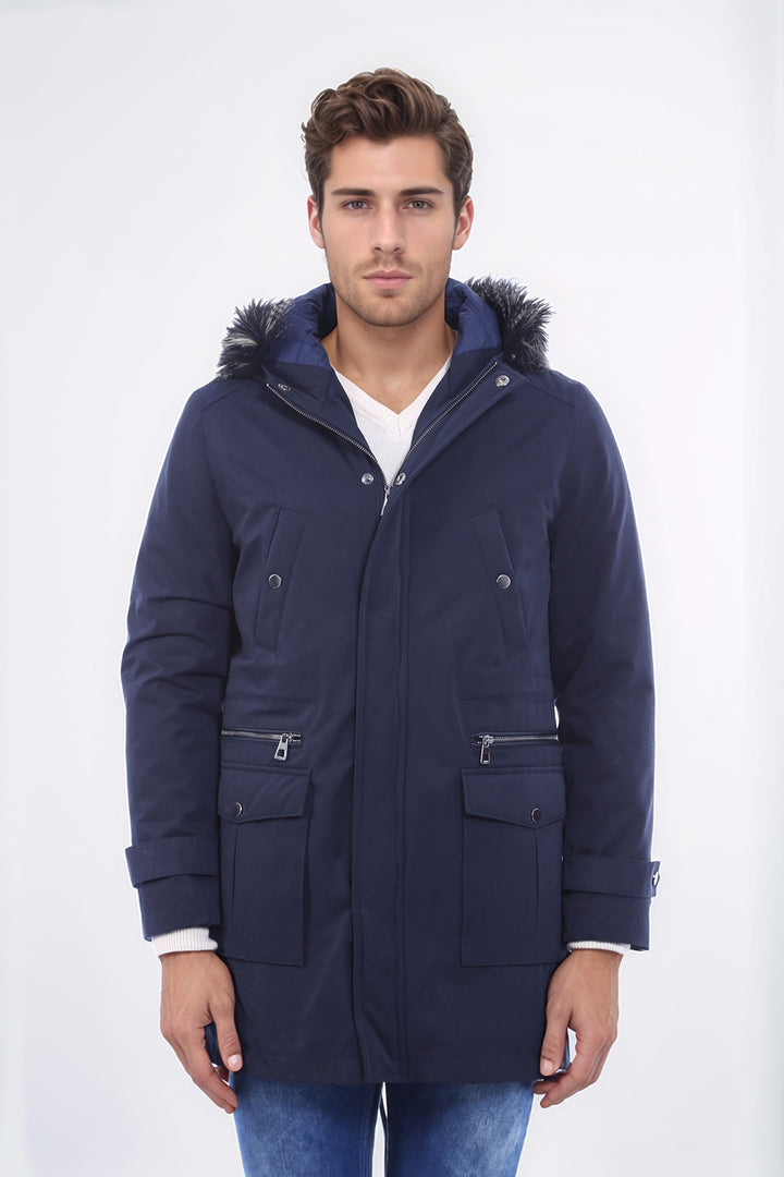 Yaka Kürklü Kapüşonlu Lacivert Erkek Mont - Wessi