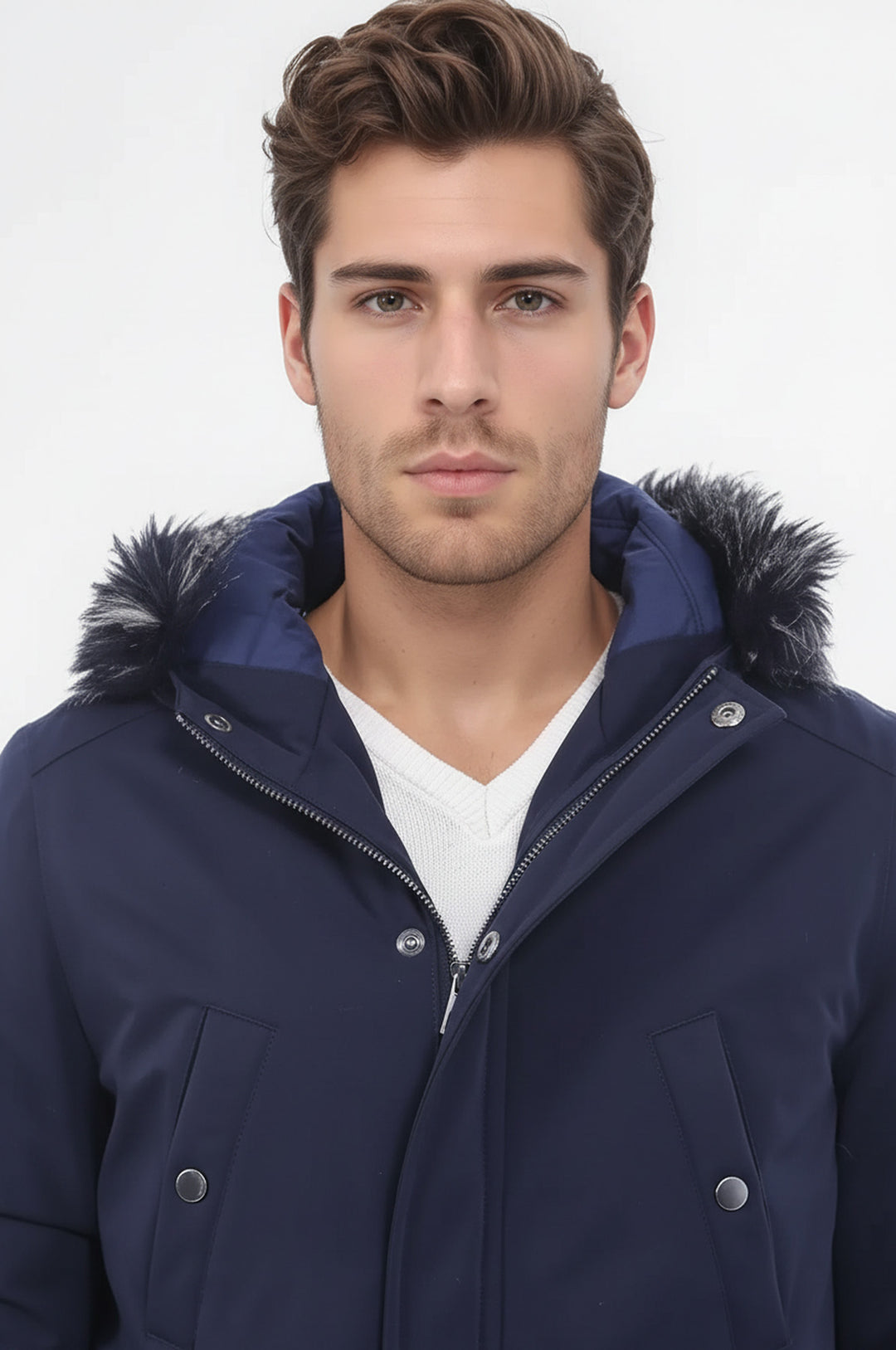 Yaka Kürklü Kapüşonlu Lacivert Erkek Mont - Wessi