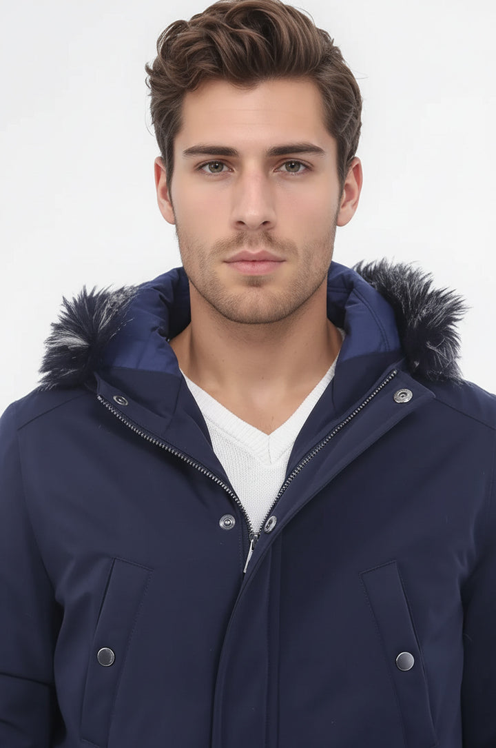 Yaka Kürklü Kapüşonlu Lacivert Erkek Mont - Wessi