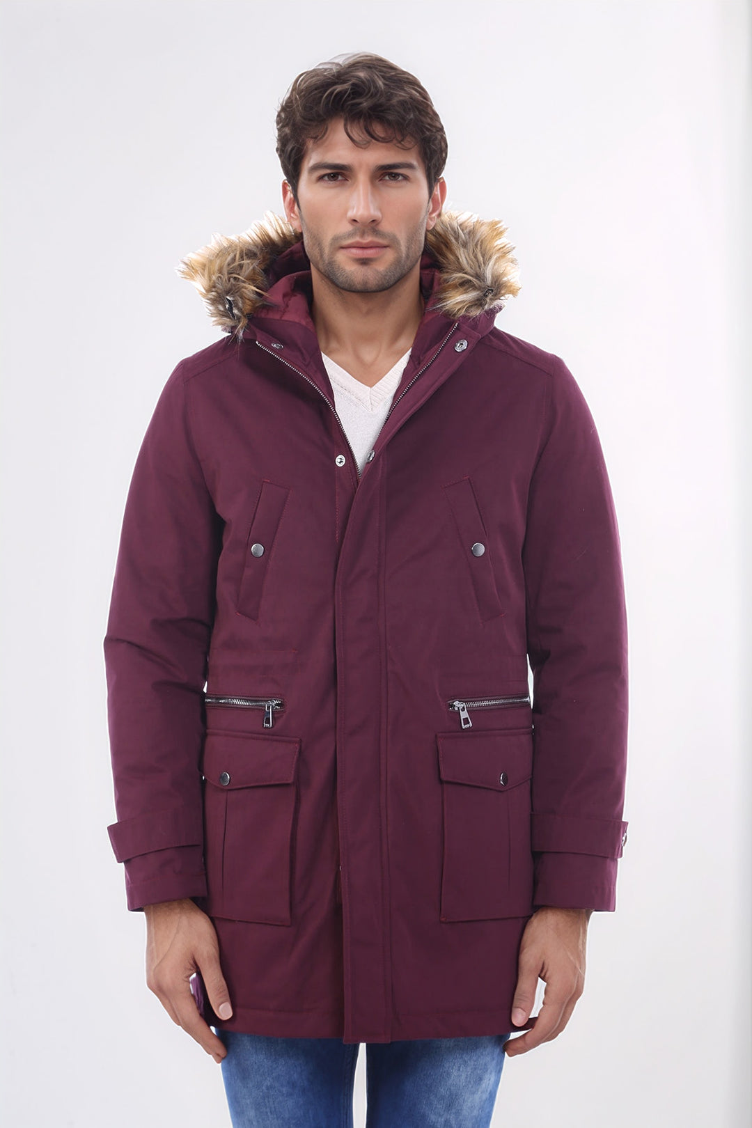 Yaka Kürklü Kapüşonlu Bordo Erkek Mont - Wessi
