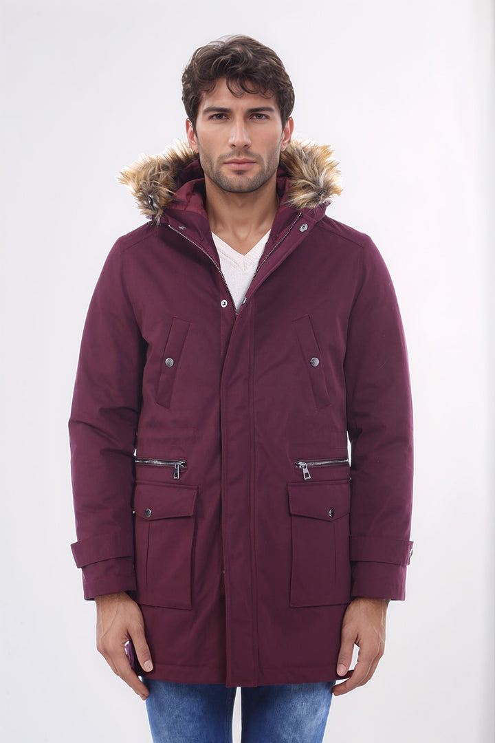 Yaka Kürklü Kapüşonlu Bordo Erkek Mont - Wessi