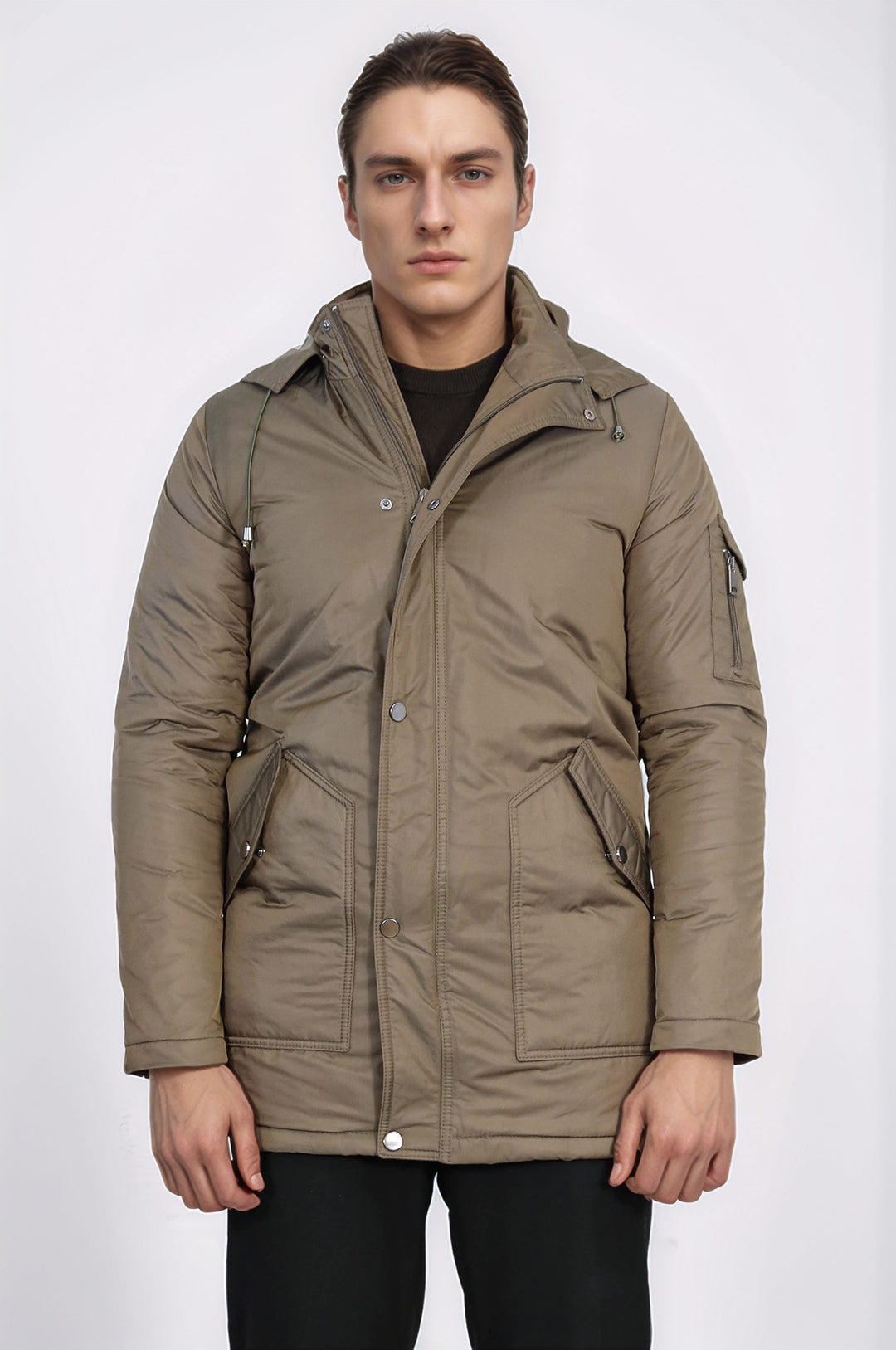 Kapşonlu Cepli Kahverengi Erkek Kaban - Wessi