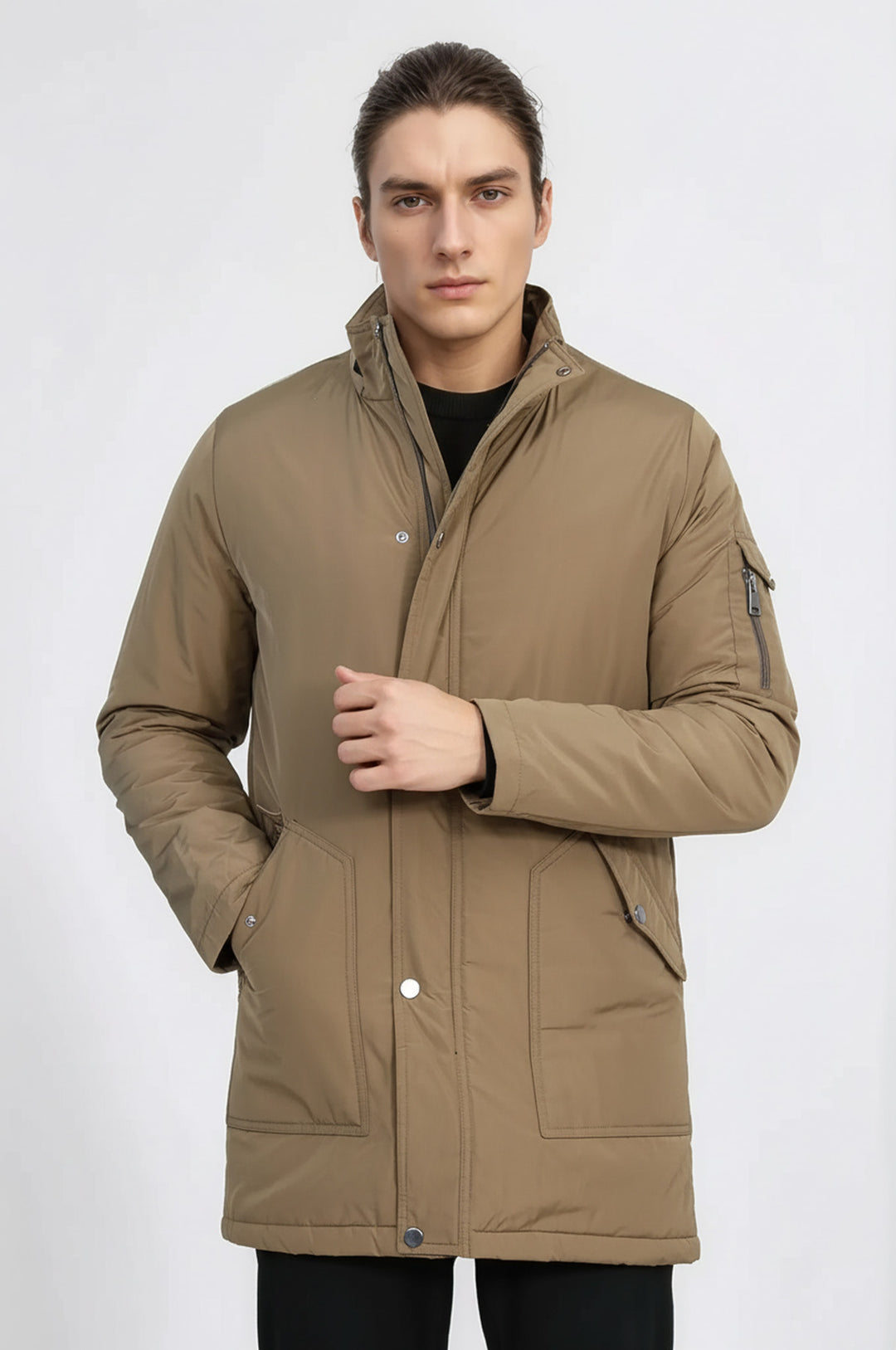 Kapşonlu Cepli Açık Kahverengi Erkek Kaban - Wessi