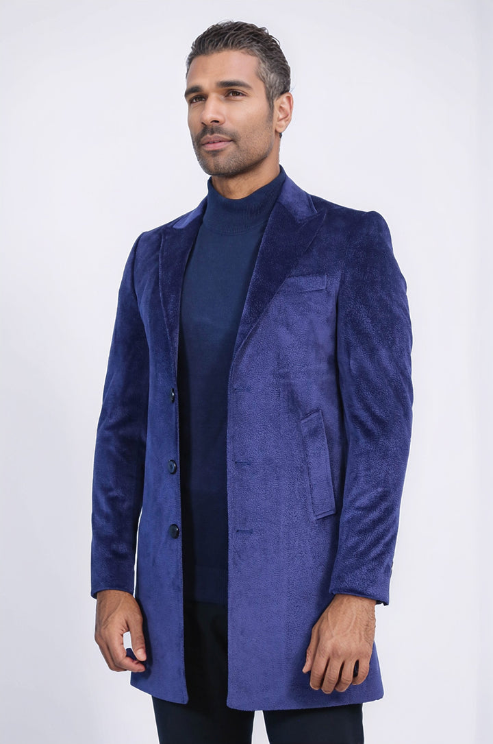 Sivri Yaka Diz Üstü Mavi Erkek Palto - Wessi