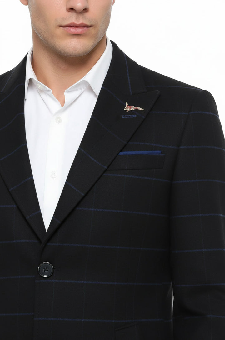 Geniş Sivri Yaka Ekose Siyah Erkek Kısa Palto - Wessi