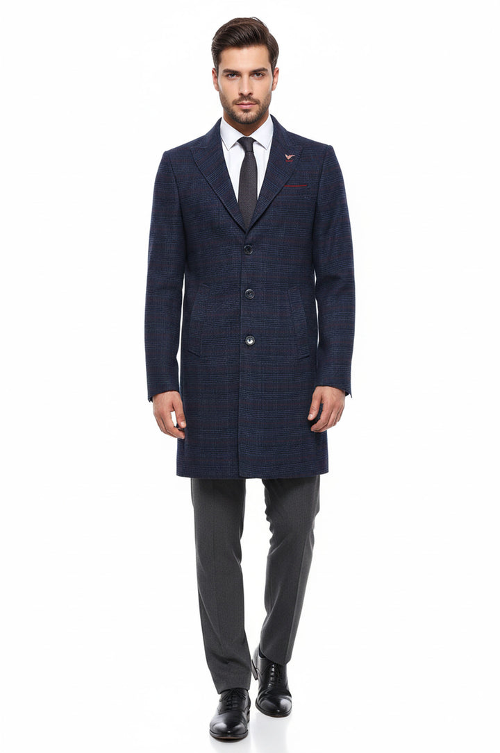 Geniş Sivri Yaka Ekose Mavi Erkek Kısa Palto - Wessi