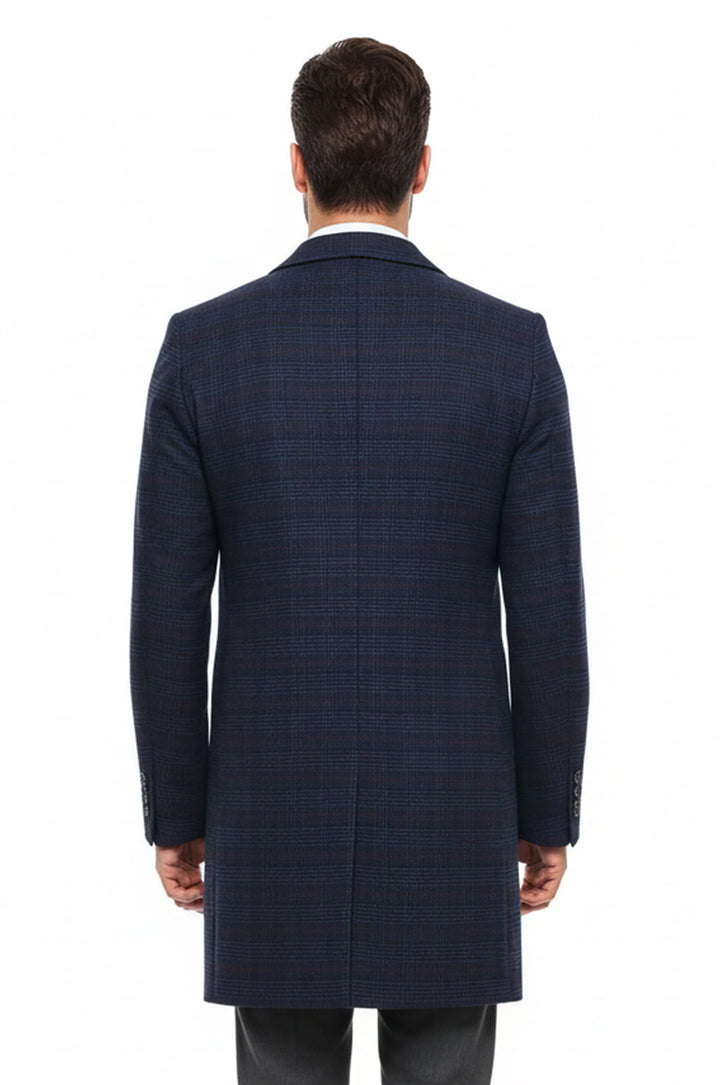 Geniş Sivri Yaka Ekose Mavi Erkek Kısa Palto - Wessi