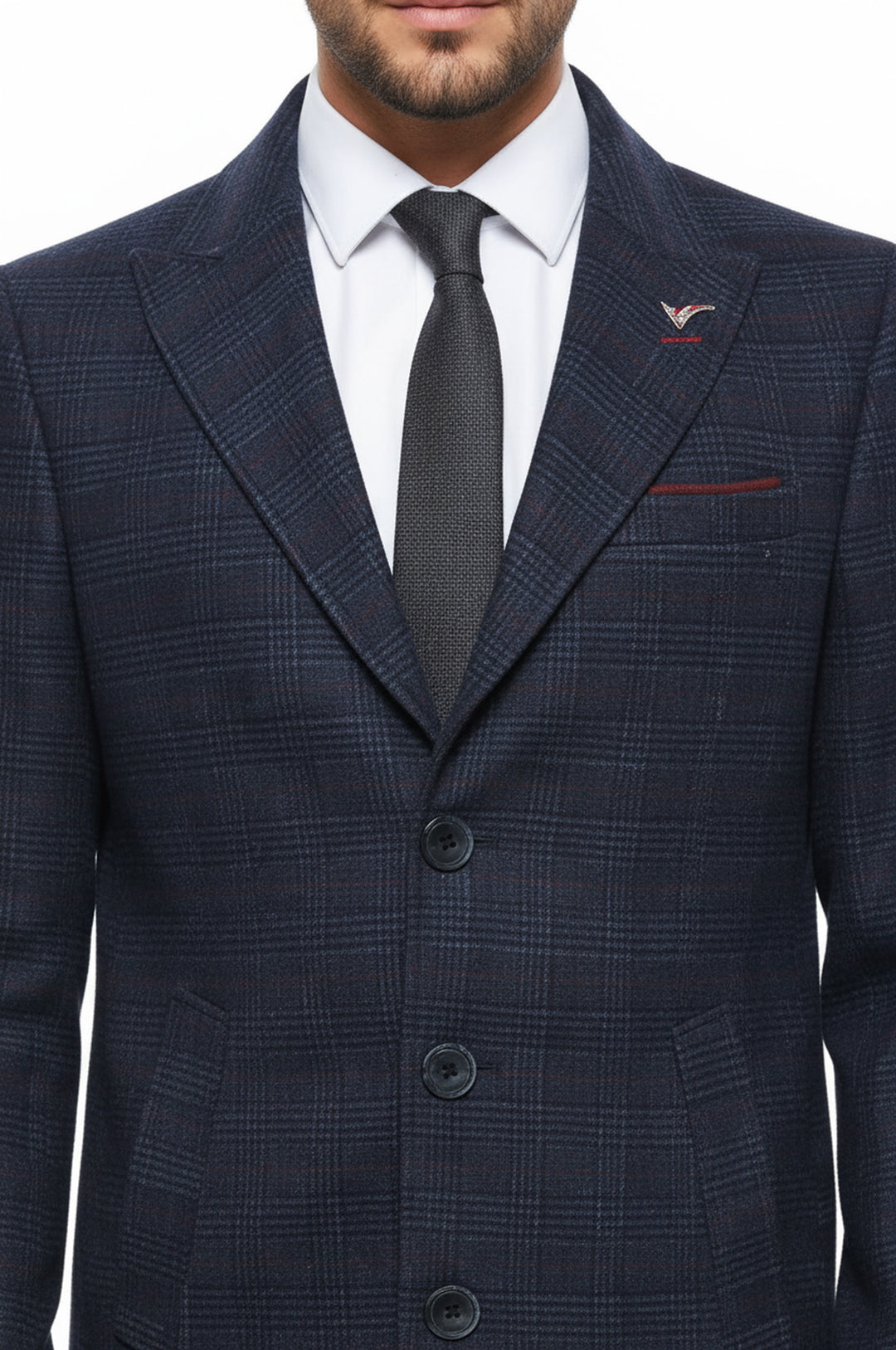 Geniş Sivri Yaka Ekose Mavi Erkek Kısa Palto - Wessi