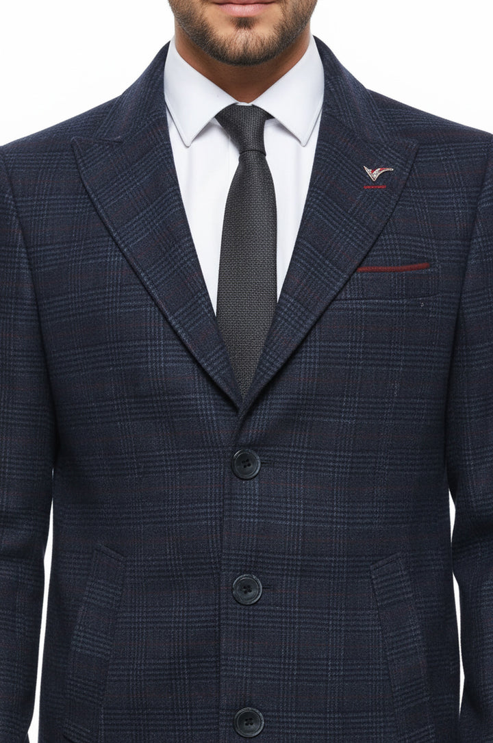 Geniş Sivri Yaka Ekose Mavi Erkek Kısa Palto - Wessi