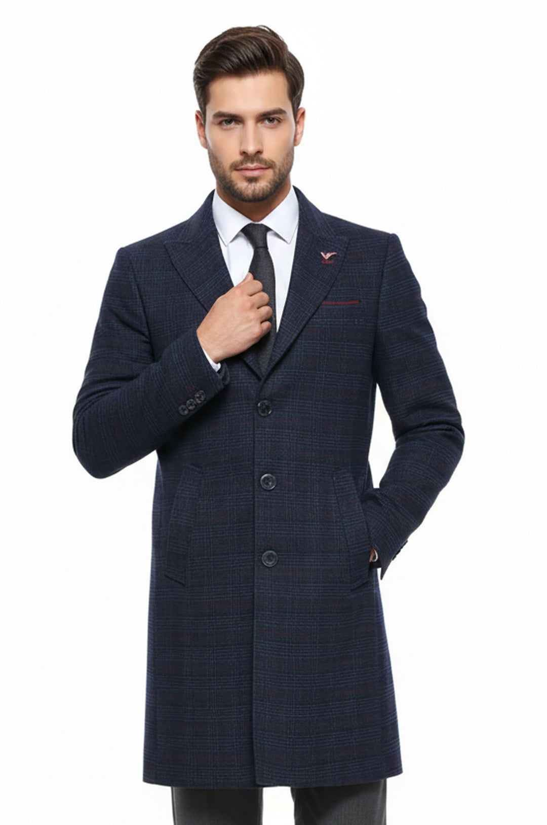 Geniş Sivri Yaka Ekose Mavi Erkek Kısa Palto - Wessi