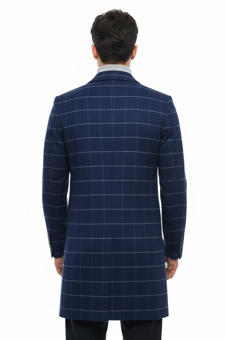 Geniş Sivri Yaka Ekose İndigo Erkek Kısa Palto - Wessi