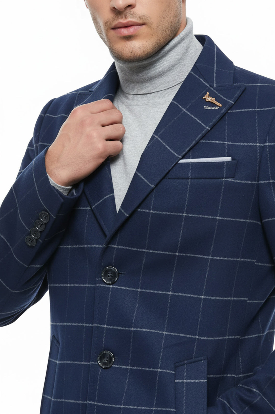 Geniş Sivri Yaka Ekose İndigo Erkek Kısa Palto - Wessi