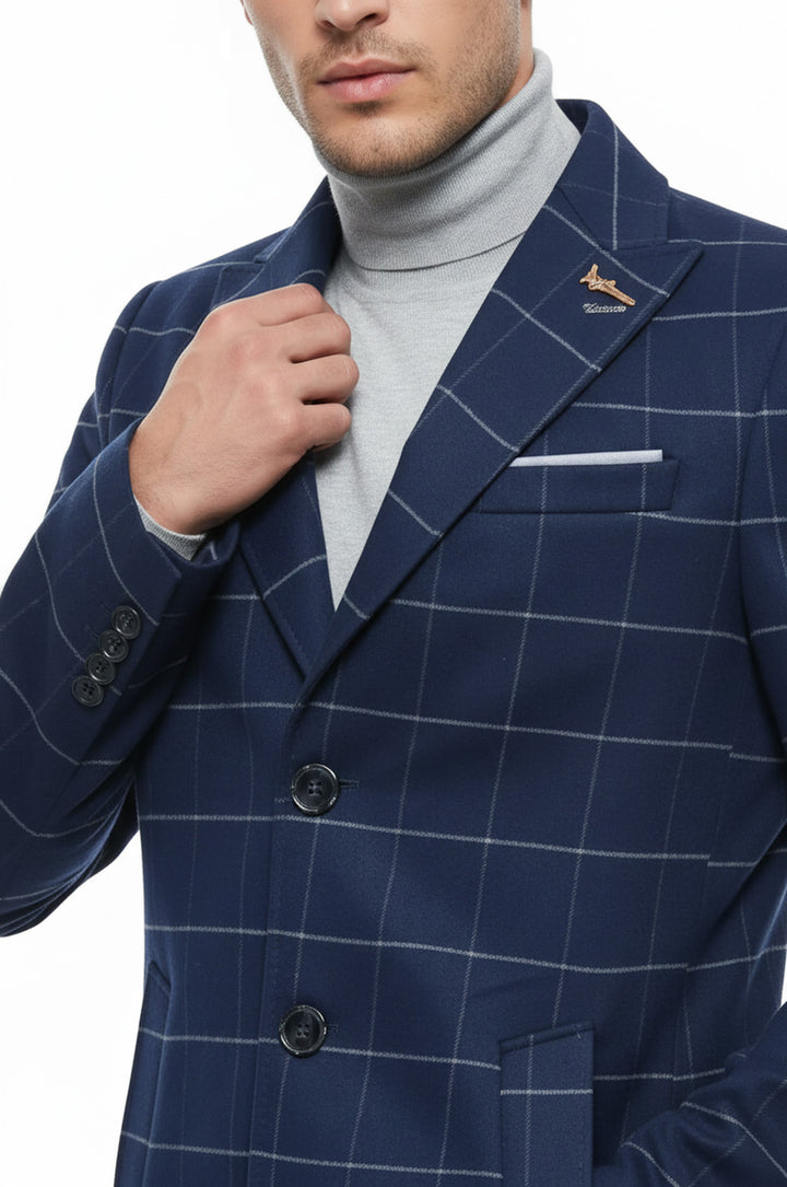 Geniş Sivri Yaka Ekose İndigo Erkek Kısa Palto - Wessi