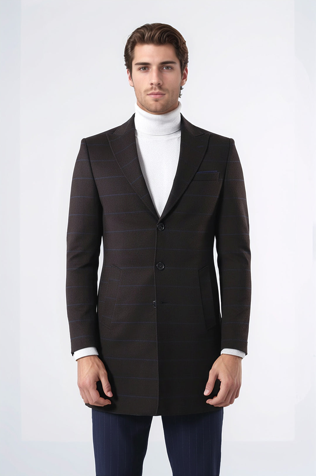 Geniş Sivri Yaka Ekose Kahverengi Erkek Kısa Palto - Wessi