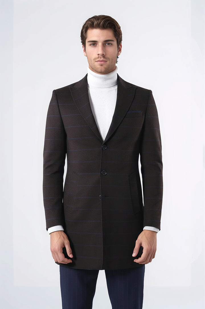 Geniş Sivri Yaka Ekose Kahverengi Erkek Kısa Palto - Wessi