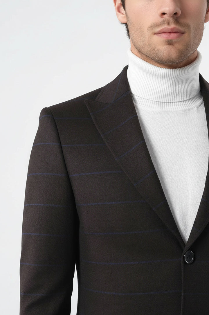 Geniş Sivri Yaka Ekose Kahverengi Erkek Kısa Palto - Wessi