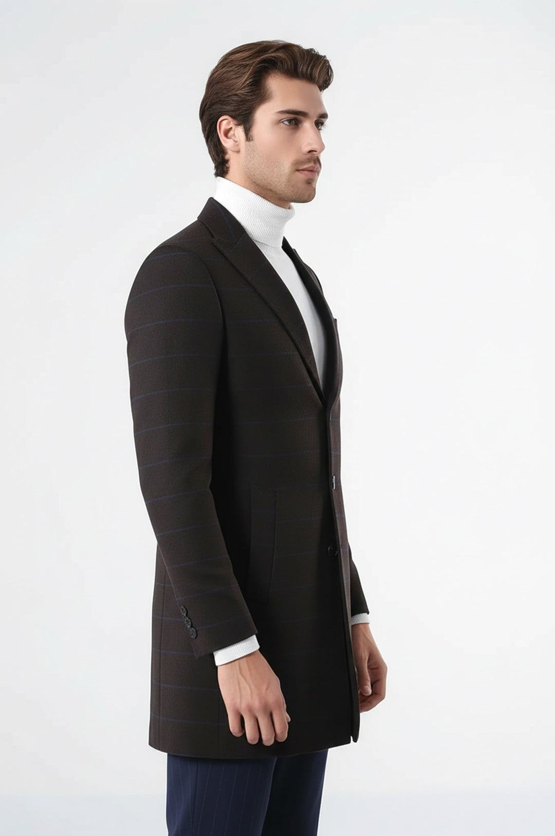Geniş Sivri Yaka Ekose Kahverengi Erkek Kısa Palto - Wessi