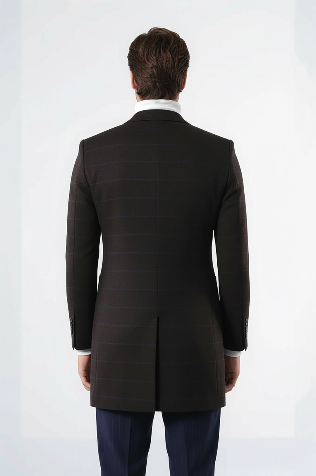 Geniş Sivri Yaka Ekose Kahverengi Erkek Kısa Palto - Wessi