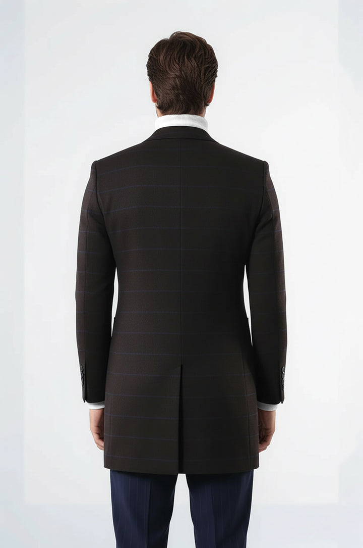 Geniş Sivri Yaka Ekose Kahverengi Erkek Kısa Palto - Wessi