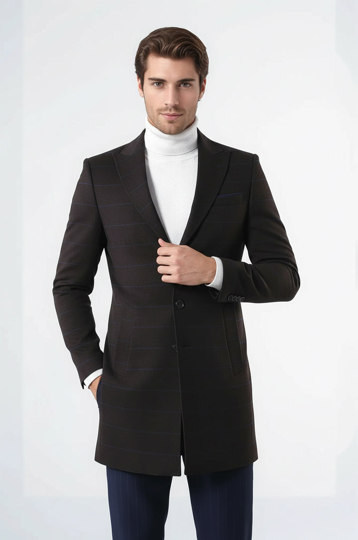 Geniş Sivri Yaka Ekose Kahverengi Erkek Kısa Palto - Wessi