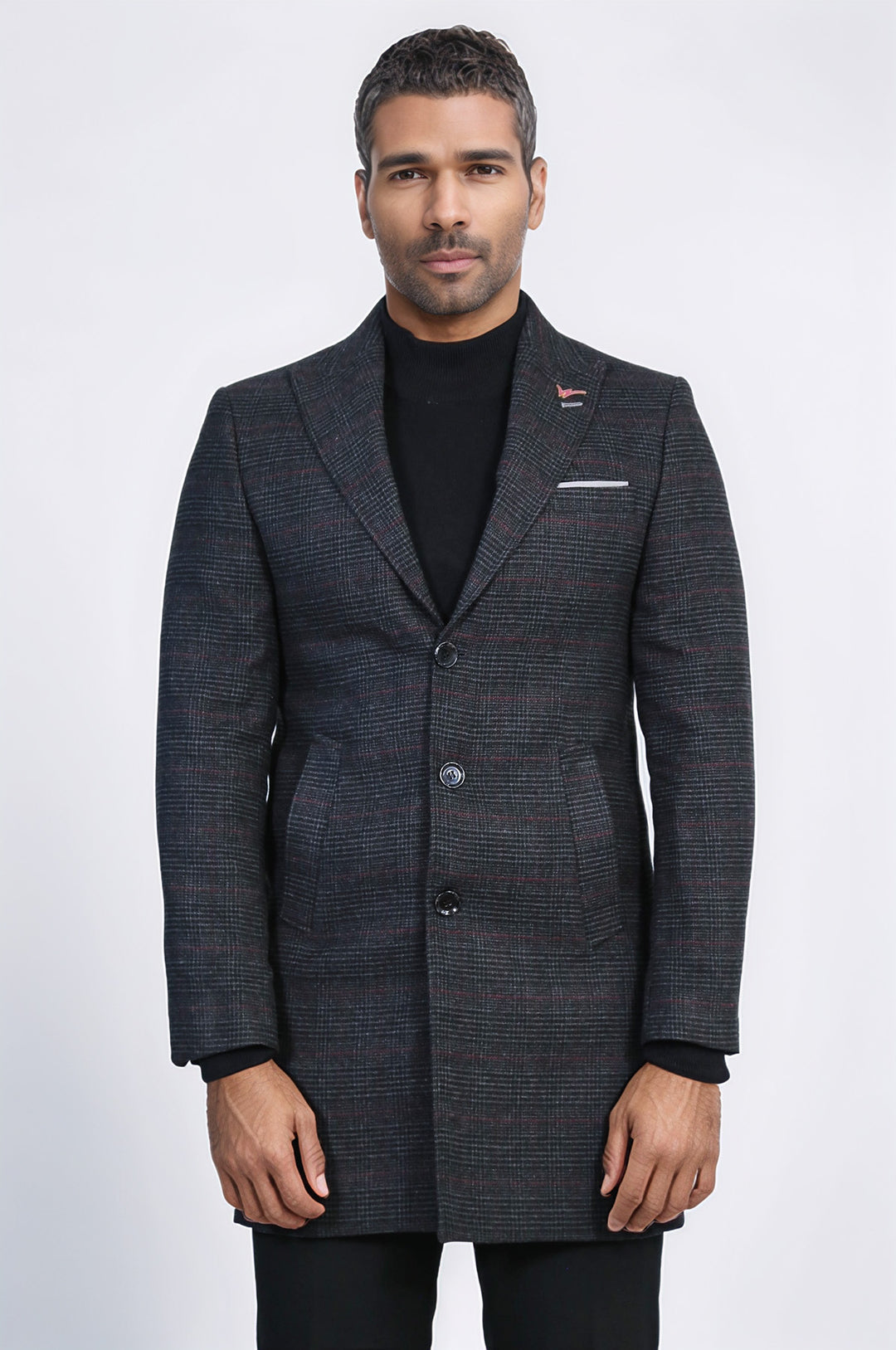 Geniş Sivri Yaka Ekose Antrasit Erkek Kısa Palto - Wessi