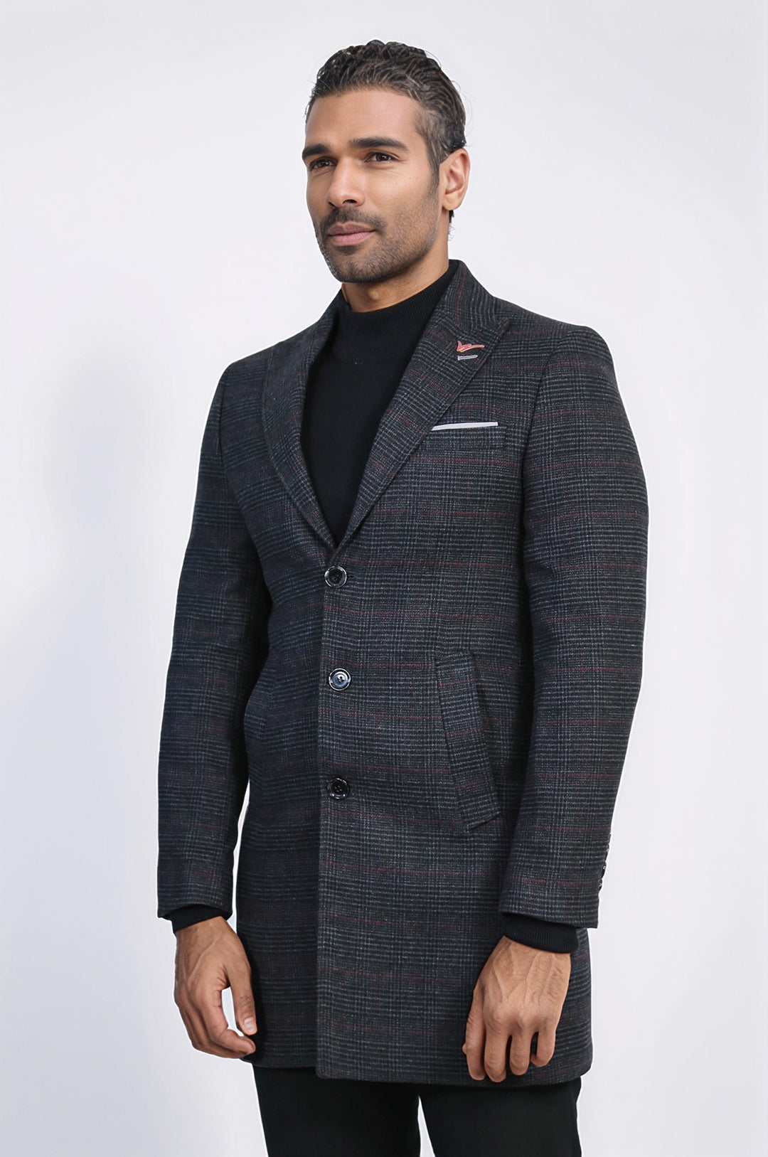 Geniş Sivri Yaka Ekose Antrasit Erkek Kısa Palto - Wessi