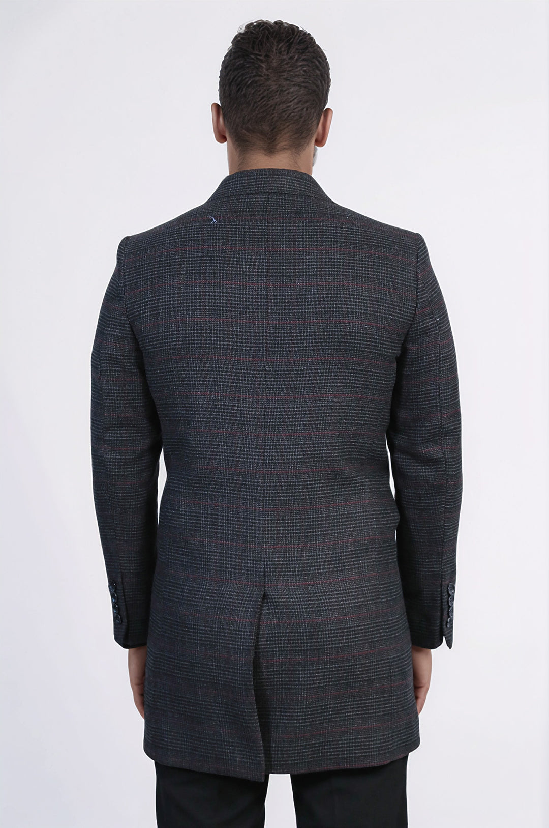 Geniş Sivri Yaka Ekose Antrasit Erkek Kısa Palto - Wessi