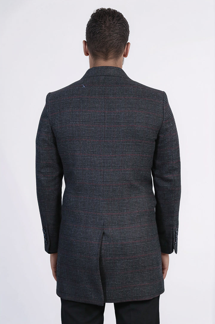 Geniş Sivri Yaka Ekose Antrasit Erkek Kısa Palto - Wessi