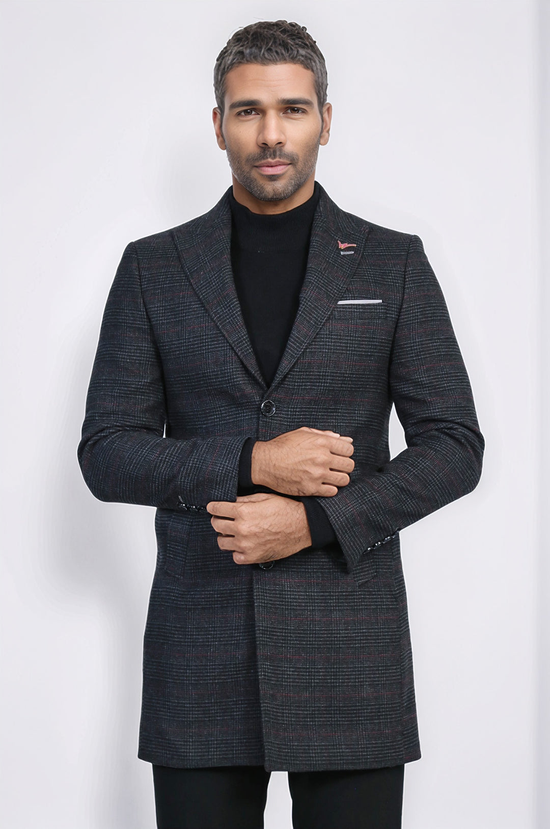 Geniş Sivri Yaka Ekose Antrasit Erkek Kısa Palto - Wessi