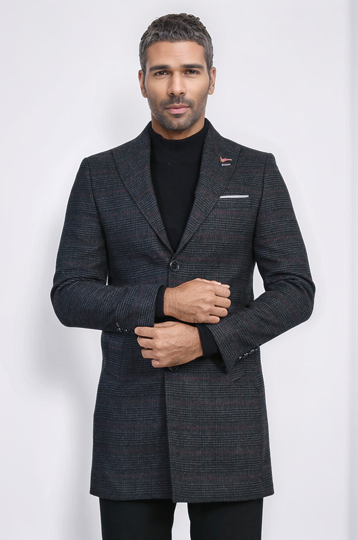 Geniş Sivri Yaka Ekose Antrasit Erkek Kısa Palto - Wessi